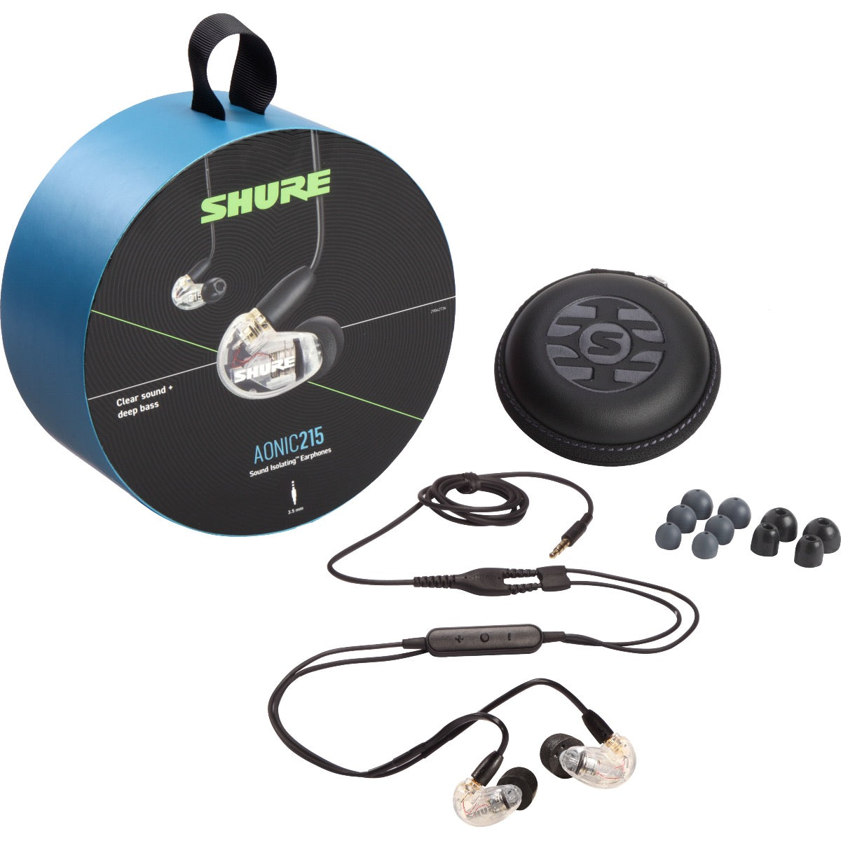 3/4 view of Shure AONIC 215 Sound Isolating Earphones - Clear packaging and components showing top, front and left sides