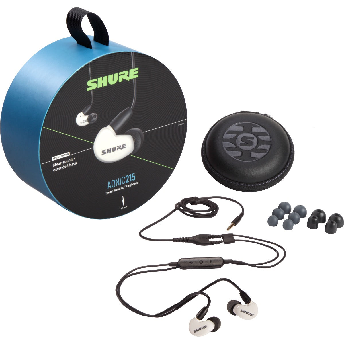3/4 view of Shure AONIC 215 Sound Isolating Earphones - White packaging and components showing top, front and left sides