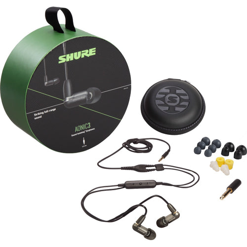 3/4 view of Shure AONIC 3 Sound Isolating Earphones - Black packaging and components showing front, top and left sides