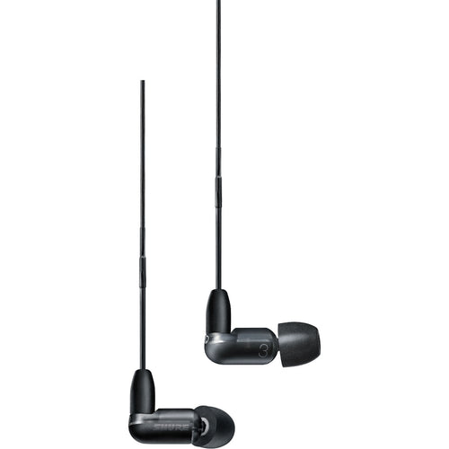 Close up view of Shure AONIC 3 Sound Isolating Earphones - Black earpieces showing both sides