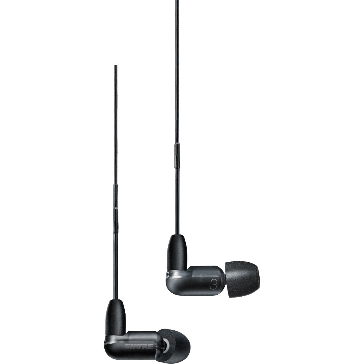 Close up view of Shure AONIC 3 Sound Isolating Earphones - Black earpieces showing both sides