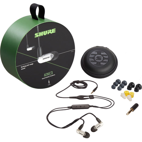 3/4 view of Shure AONIC 3 Sound Isolating Earphones - Black packaging and components showing front, top and left sides