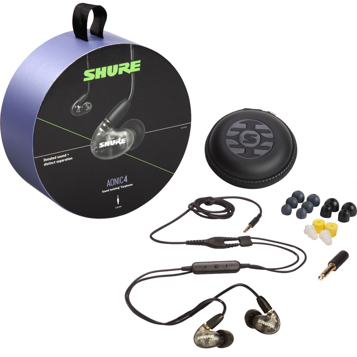3/4 view of Shure AONIC 4 Sound Isolating Earphones - Clear/Black packaging and components showing front, top and left sides