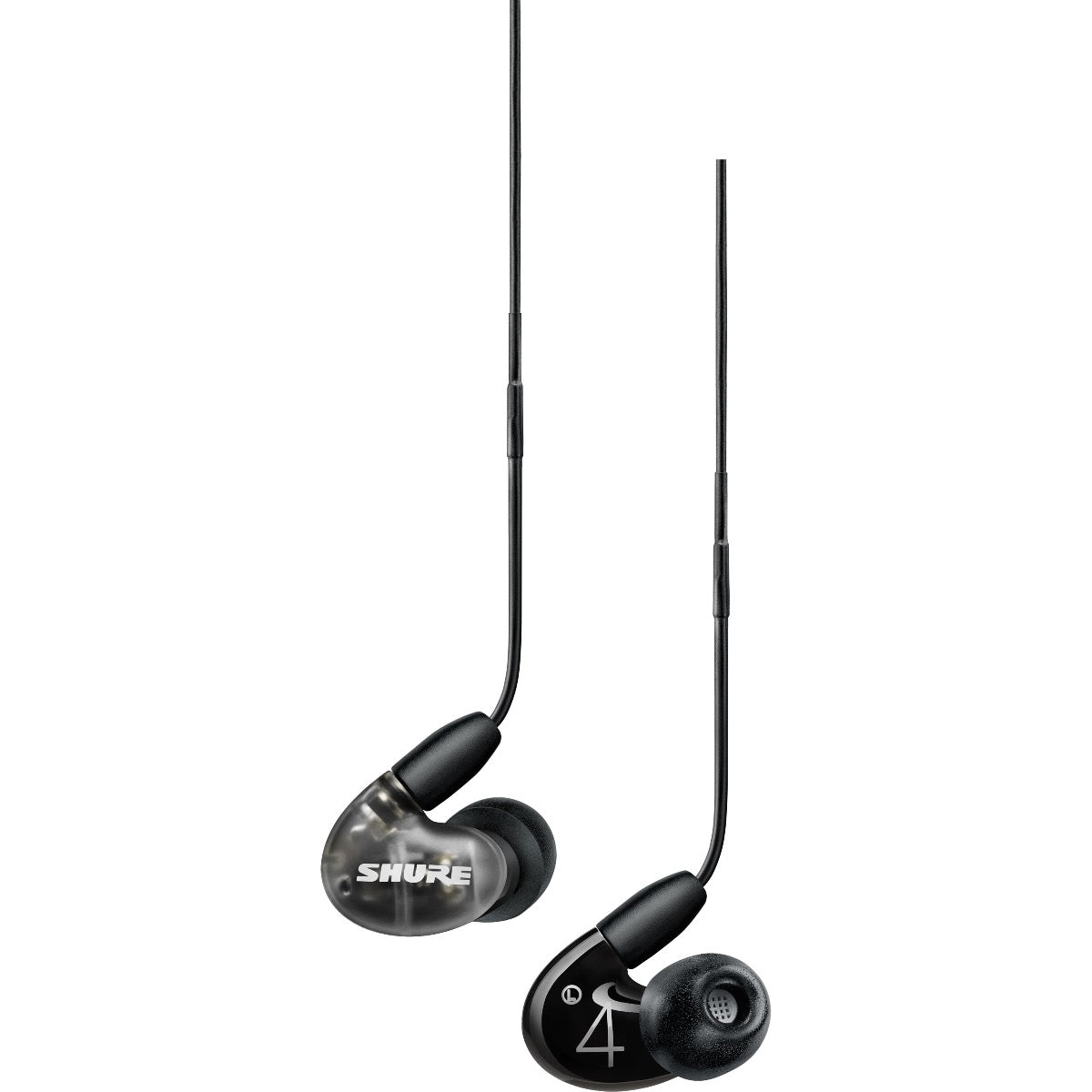 Close up view of Shure AONIC 4 Sound Isolating Earphones - Clear/Black earpieces showing both sides
