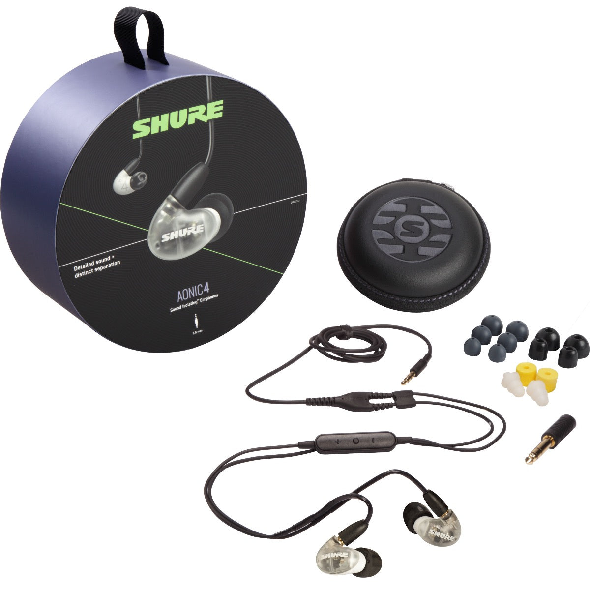 3/4 view of Shure AONIC 4 Sound Isolating Earphones - Clear/White packaging and components showing front, top and left sides