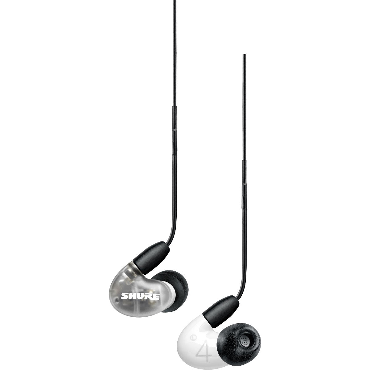 Close up view of Shure AONIC 4 Sound Isolating Earphones - Clear/White earpieces showing both sides