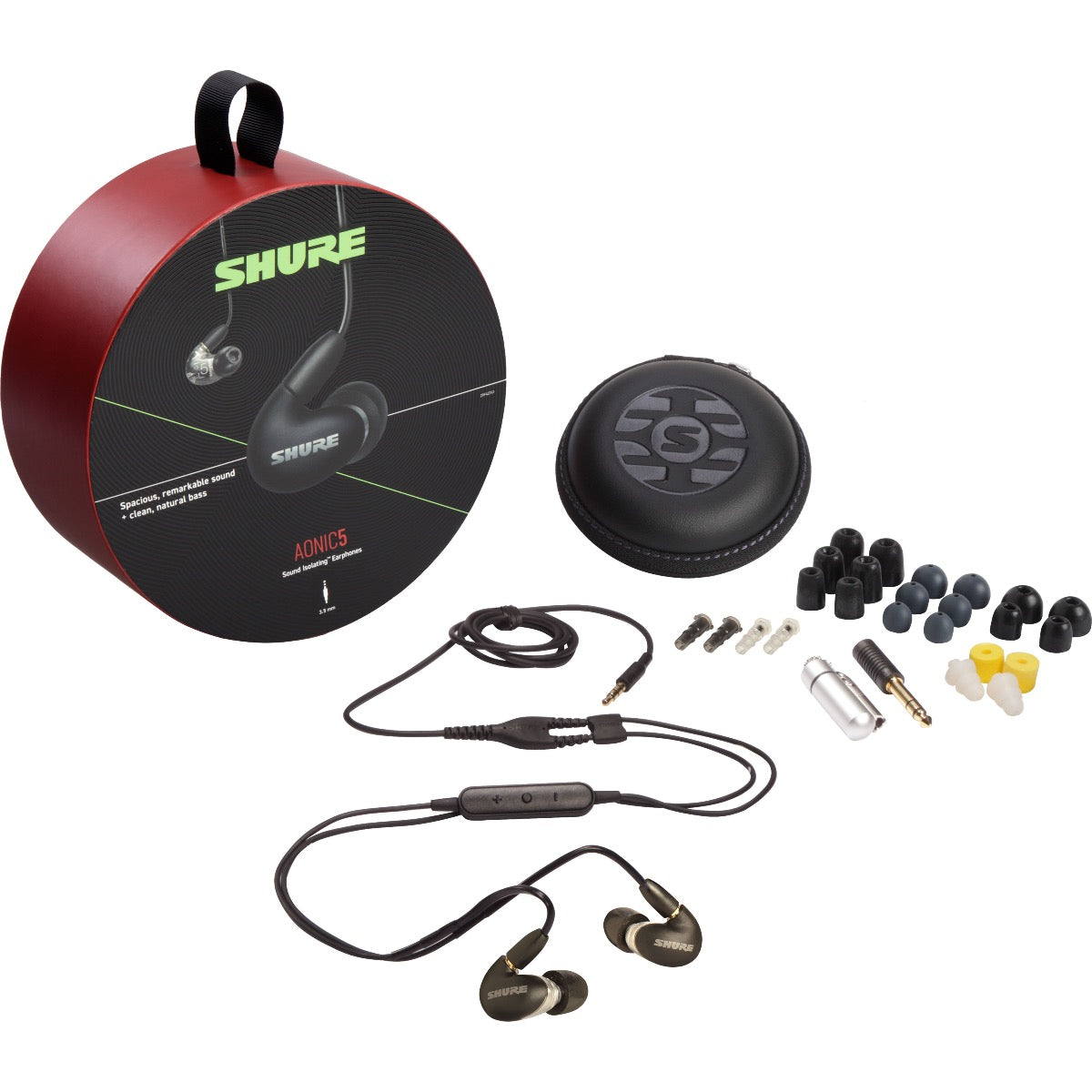 3/4 view of Shure AONIC 5 Sound Isolating Earphones - Black/Clear packaging and components showing front, top and left sides