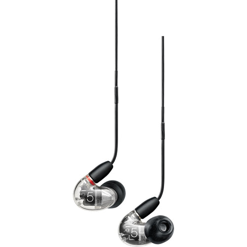 Close up view of Shure AONIC 5 Sound Isolating Earphones - Clear earpieces showing both sides