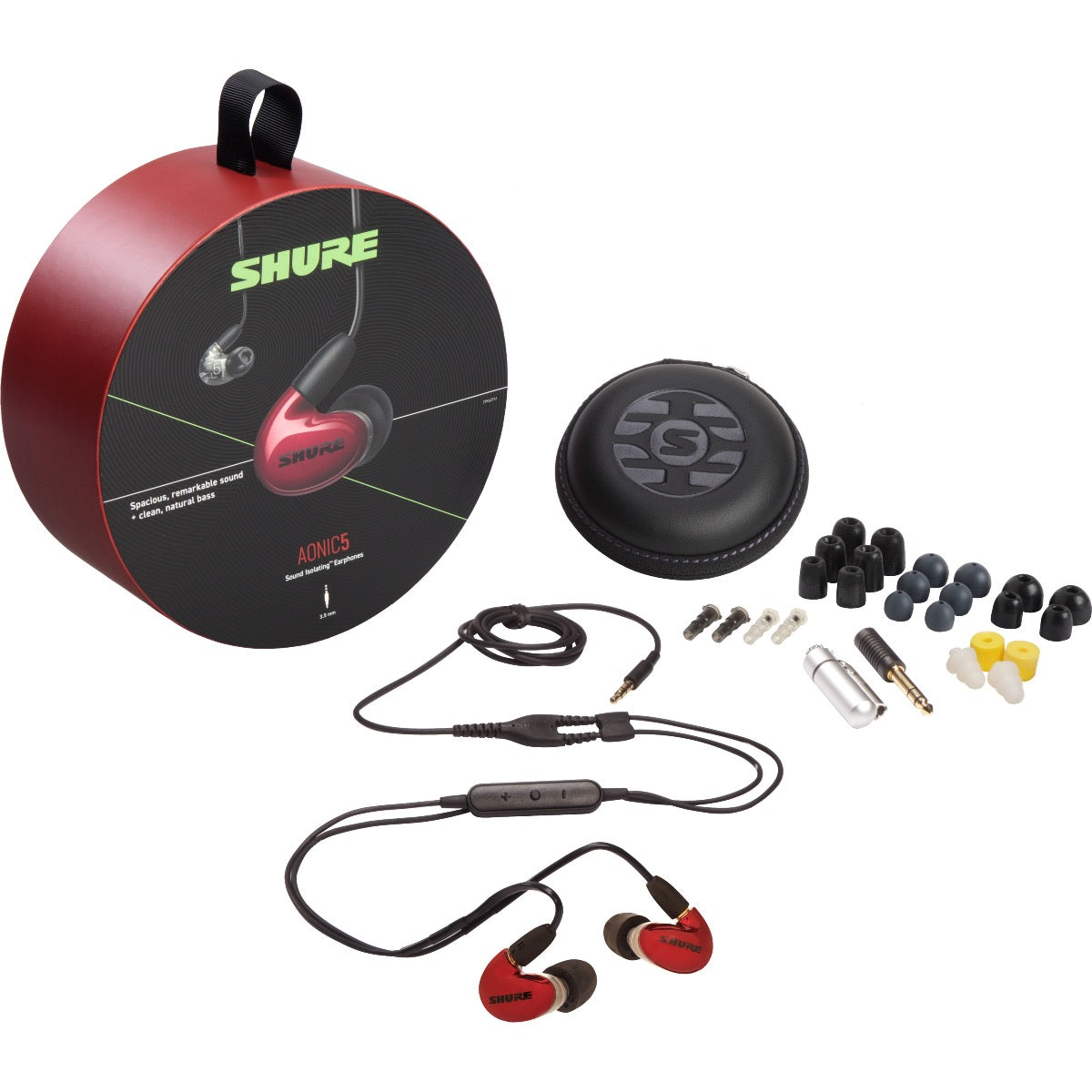 3/4 view of Shure AONIC 5 Sound Isolating Earphones - Red/Clear packaging and components showing front, top and left sides