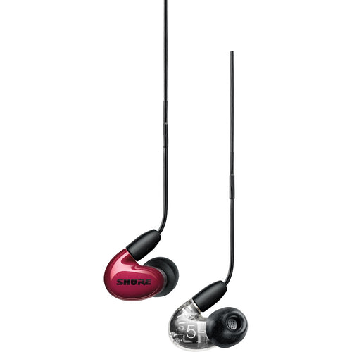 Close up view of Shure AONIC 5 Sound Isolating Earphones - Red/Clear earpieces showing both sides