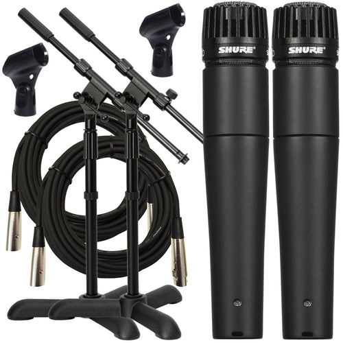 Collage of the components in the Shure SM57-LC Dynamic Instrument Microphone TWIN INSTRUMENT PAK bundle