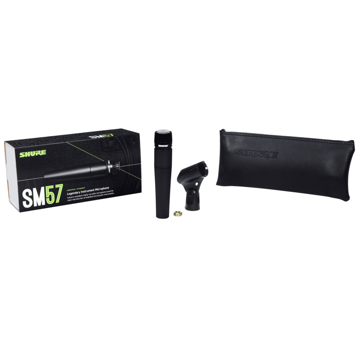 Retail packaging for the  view of the Shure SM57-LC Dynamic Instrument Microphone