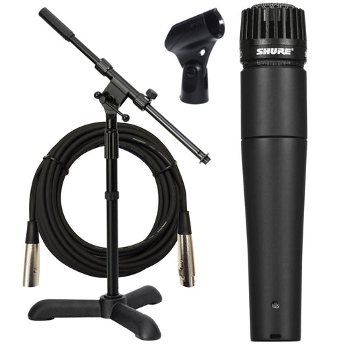 Collage of the components in the Shure SM57-LC Dynamic Instrument Microphone INSTRUMENT PAK bundle