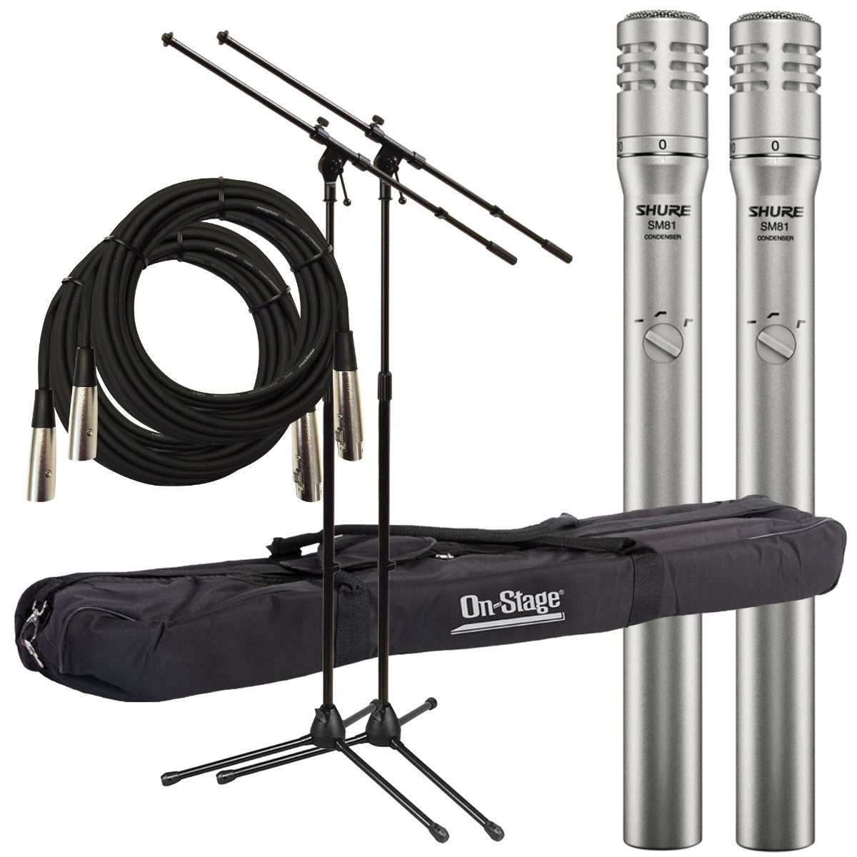 Collage of the components in the Shure SM81-LC Condenser Instrument Microphone TWIN PERFORMER PAK bundle