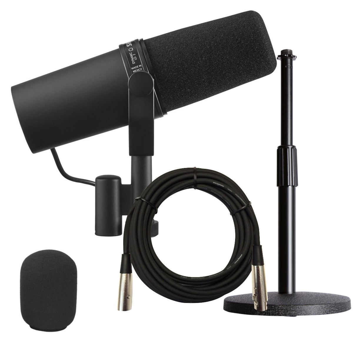 Collage of items in Shure SM7B Dynamic Vocal Microphone  BONUS PAK 