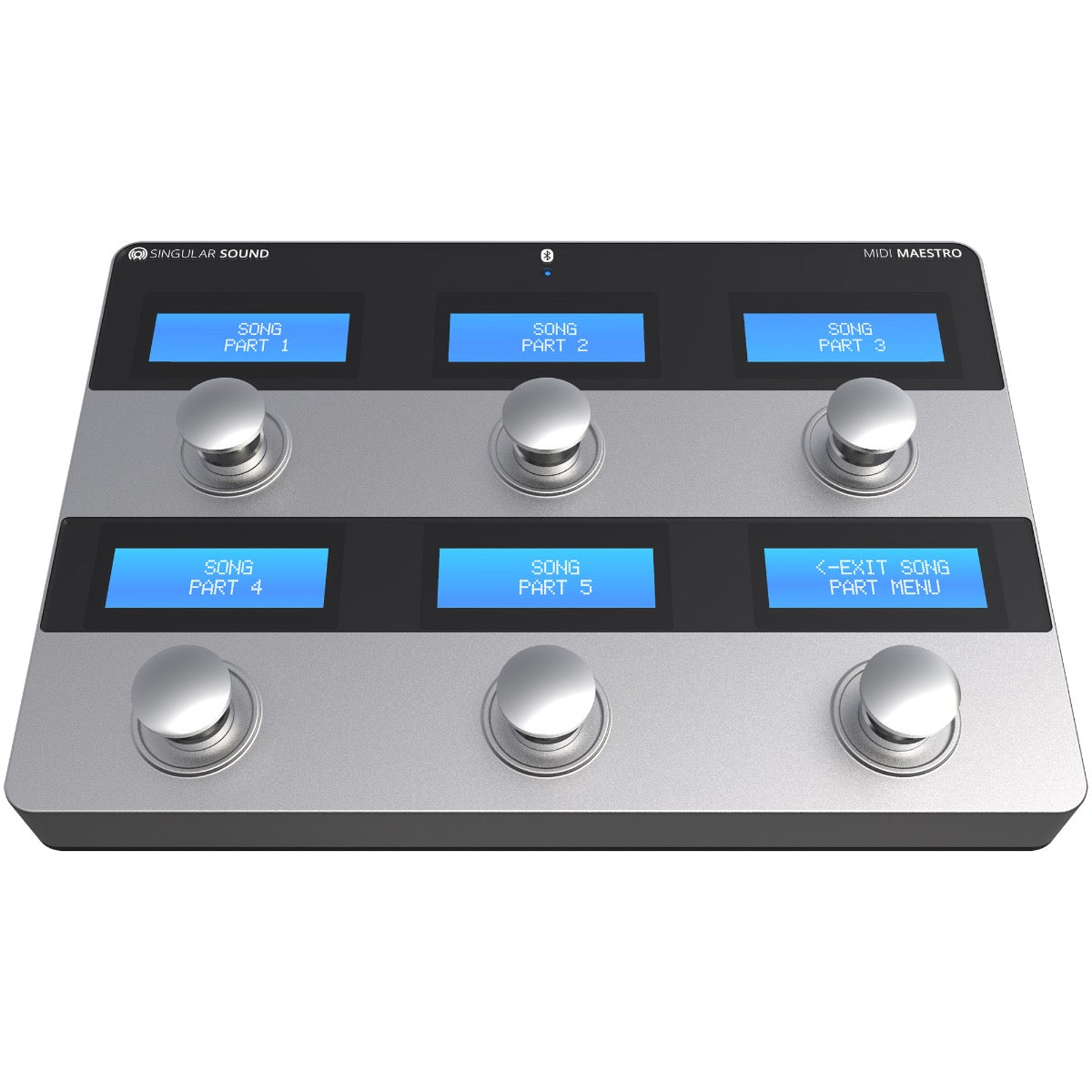 Top/front perspective view of Singular Sound MIDI Maestro 6-Button MIDI Footswitch Controller