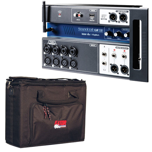 Collage of the components in the Soundcraft Ui12 Remote-Controlled Digital Mixer CARRY BAG KIT bundle