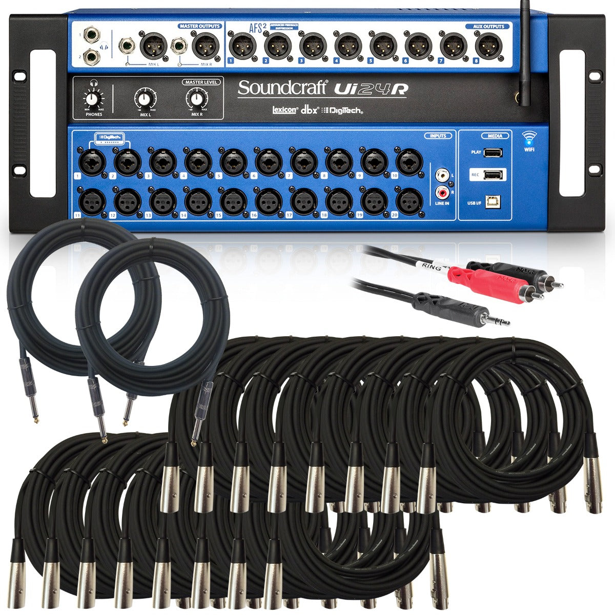 Collage of the components in the Soundcraft Ui24R Remote-Controlled Digital Mixer CABLE KIT bundle