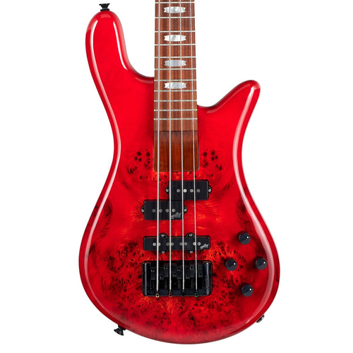 Close-up top view of Spector NS Eurobolt 4 Bass Guitar - Inferno Red showing body and portion of fretboard