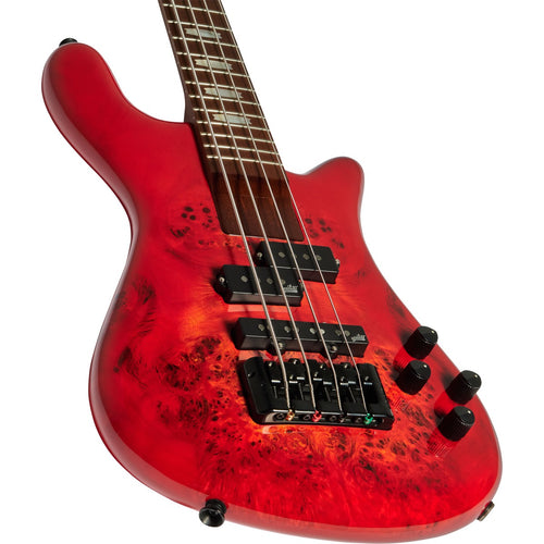 Close-up perspective view of Spector NS Eurobolt 4 Bass Guitar - Inferno Red showing top and left side of body and portion of fretboard