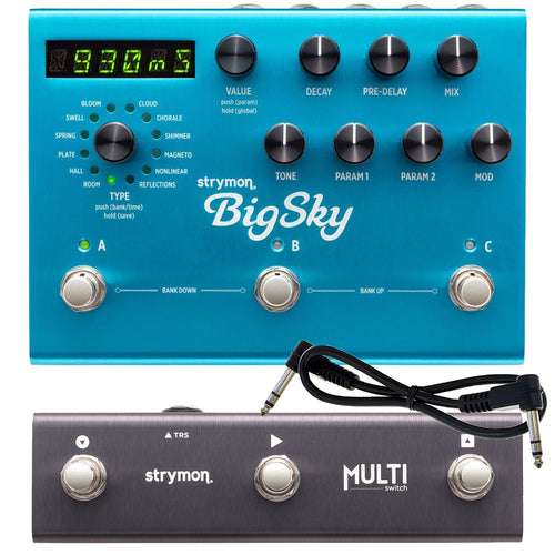 Collage of the components in the Strymon BigSky Multidimensional Reverberator Reverb Pedal with Multiswitch BUNDLE