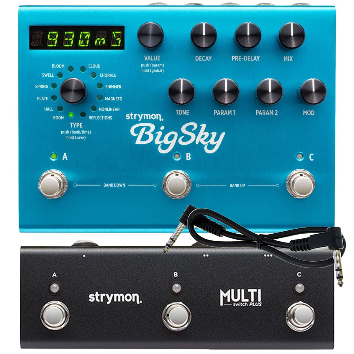 Collage of the components in the Strymon BigSky Multidimensional Reverberator Reverb Pedal with Multiswitch Plus BUNDLE