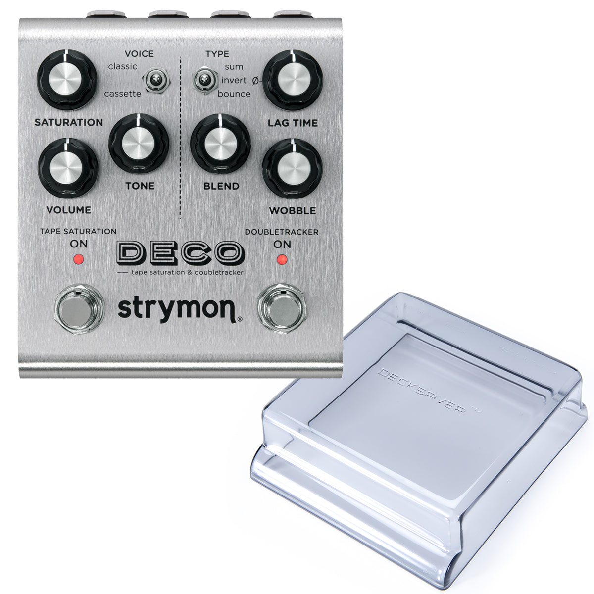 Collage of everything included with the Strymon Deco V2 Tape Saturation and Doubletracker Pedal DECKSAVER KIT