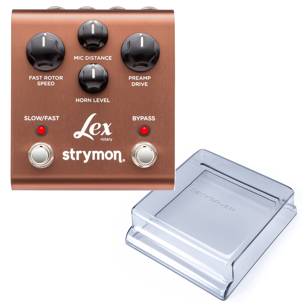 Collage of everything included with the Strymon Lex Rotary Rotating Speaker Effects Pedal DECKSAVER KIT