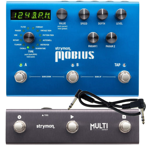 Collage of the components for the Strymon Mobius Multidimensional Modulation Pedal with Multiswitch BUNDLE