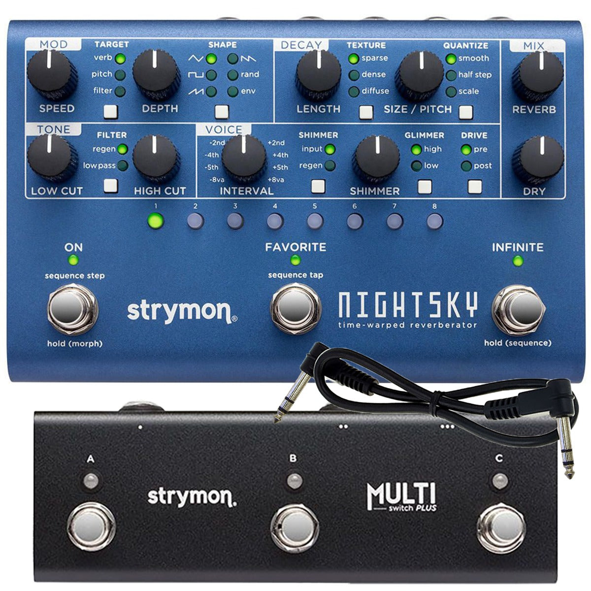 Collage of the components in the Strymon NightSky Time-Warped Reverberator Effect Pedal with Multiswitch Plus BUNDLE