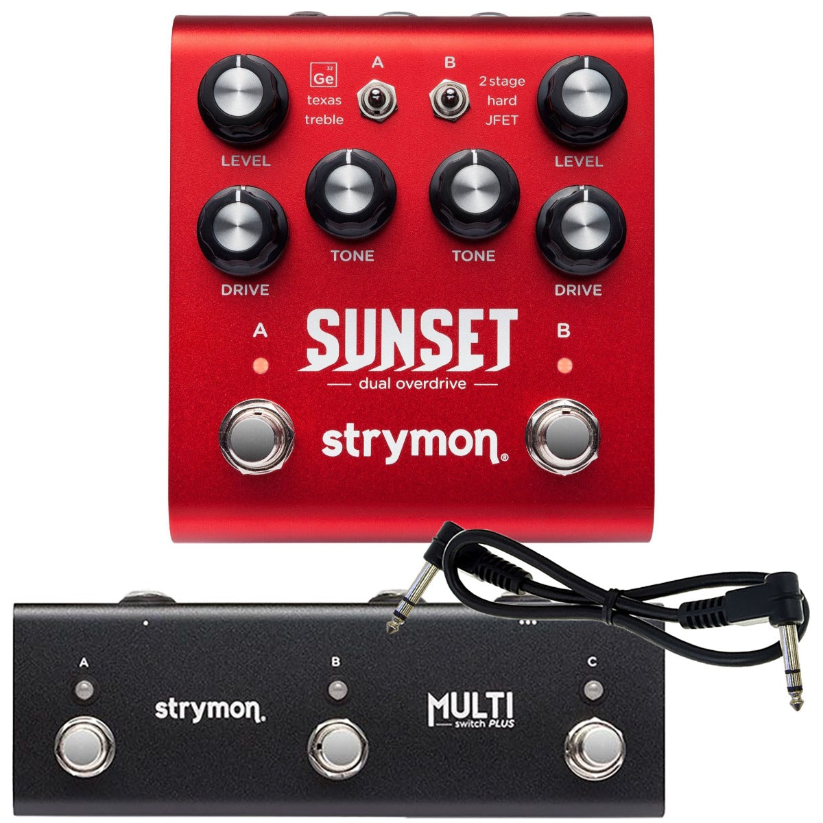 Collage of the components in the Strymon Sunset Dual Overdrive Pedal with MultiSwitch Plus BUNDLE