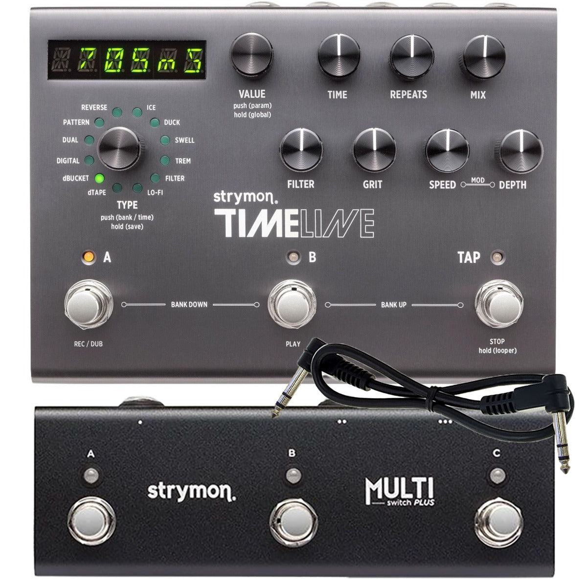 Collage of the components in the Strymon Timeline Multidimensional Delay Pedal with Multiswitch Plus BUNDLE