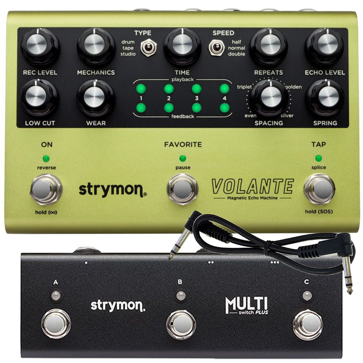 Collage of the components in the Strymon Volante Magnetic Echo Machine Pedal with Multiswitch Plus BUNDLE