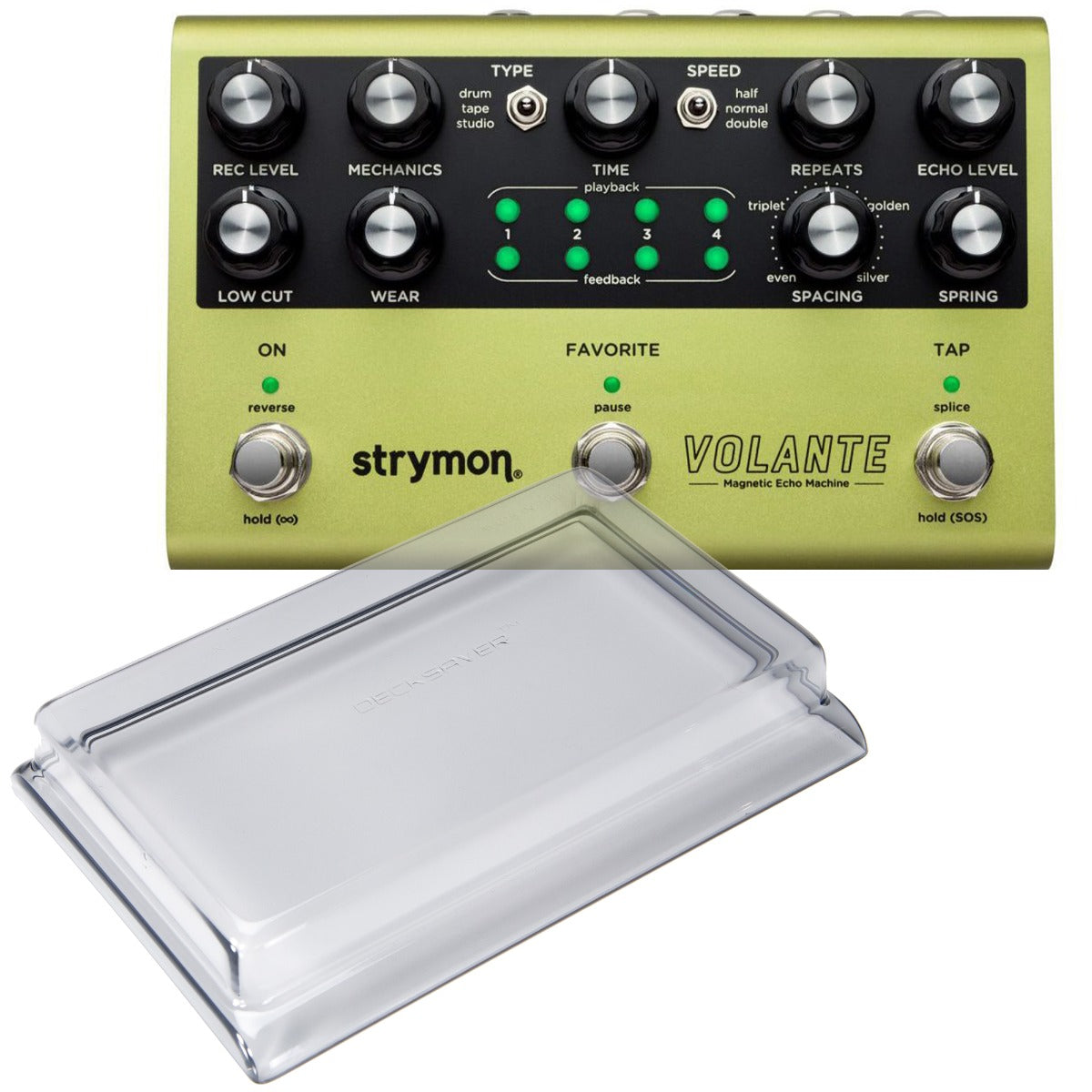 Collage of the components in the Strymon Volante Magnetic Echo Machine Pedal DECKSAVER KIT bundle