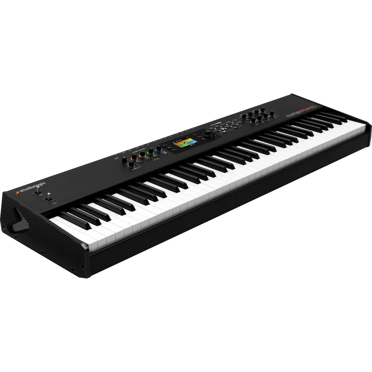 3/4 view of Studiologic Numa X Piano 73 showing top, front and left side