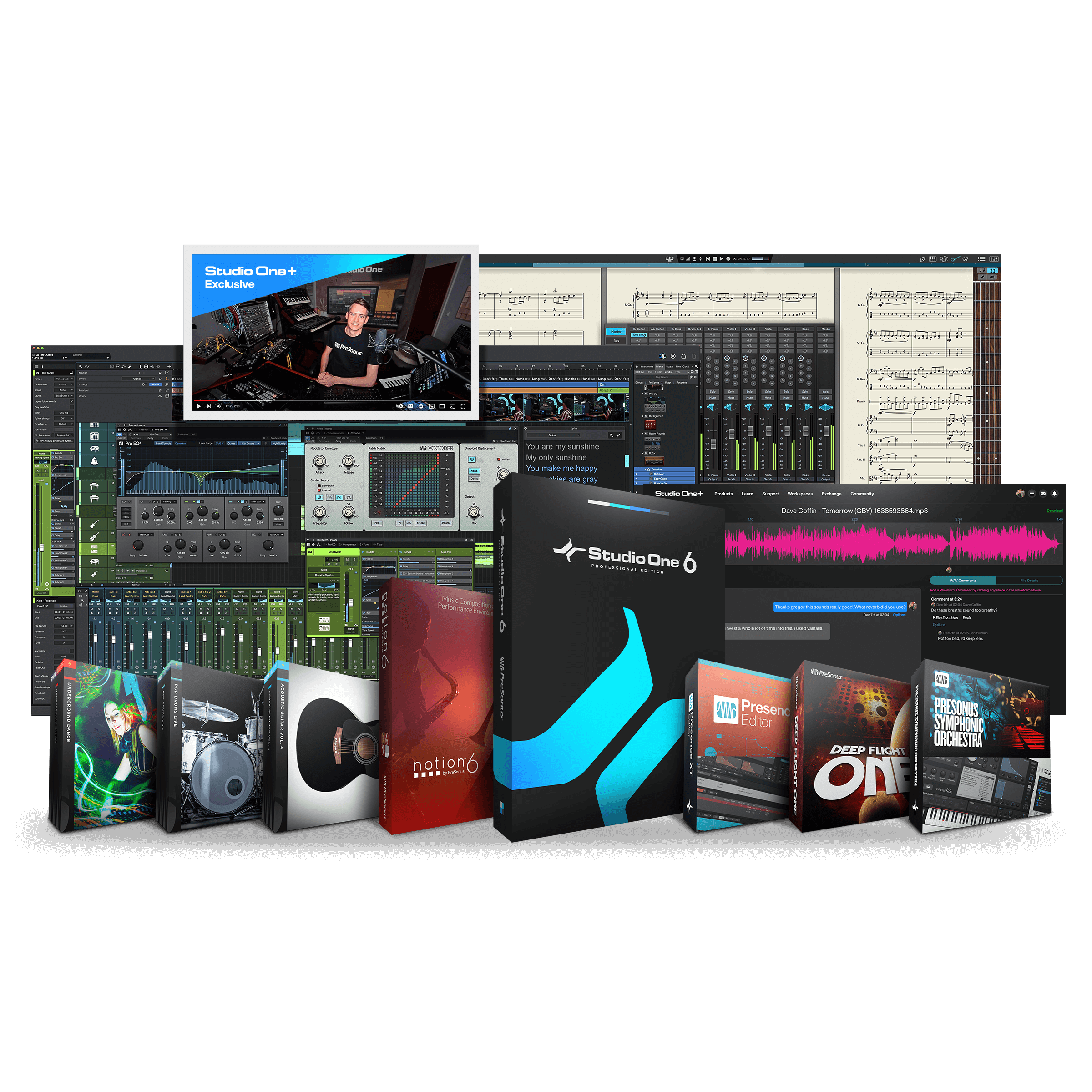 collage image showing virtual box artwork and computer screenshots for software included with PreSonus Studio One+ membership