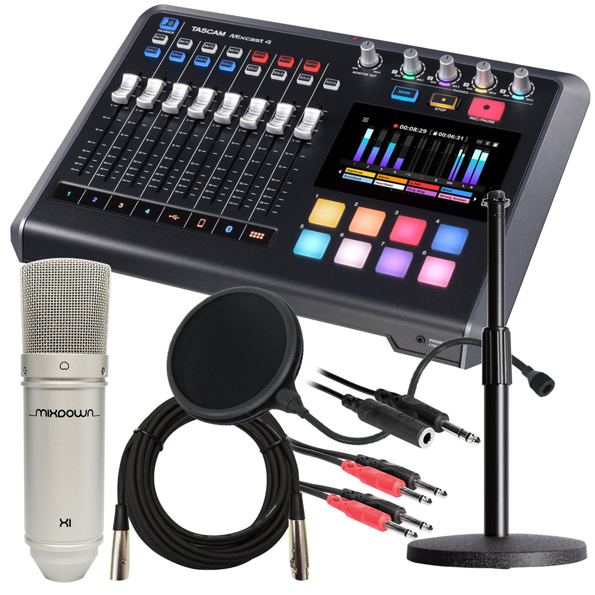 Collage of the components in the Tascam Mixcast 4 Podcast Station STUDIO KIT bundle