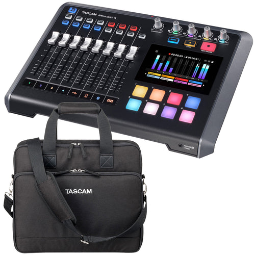 Collage of the components in the Tascam Mixcast 4 Podcast Station CARRY BAG KIT bundle