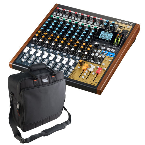 Collage of the components in the Tascam Model 12 Multi-Track Live Recording Console CARRY BAG KIT bundle