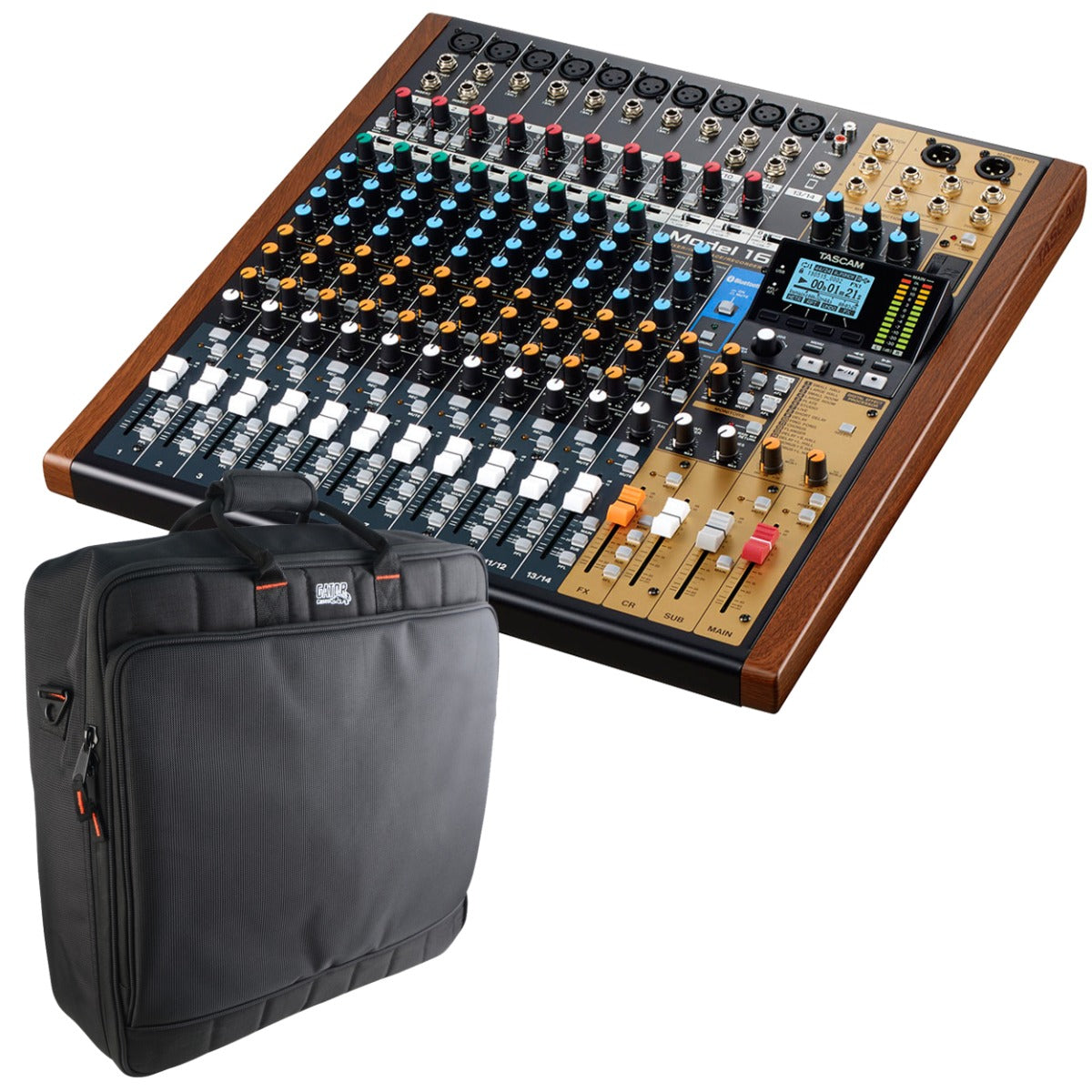 Collage of the components in the Tascam Model 16 Multi-Track Live Recording Console CARRY BAG KIT bundle