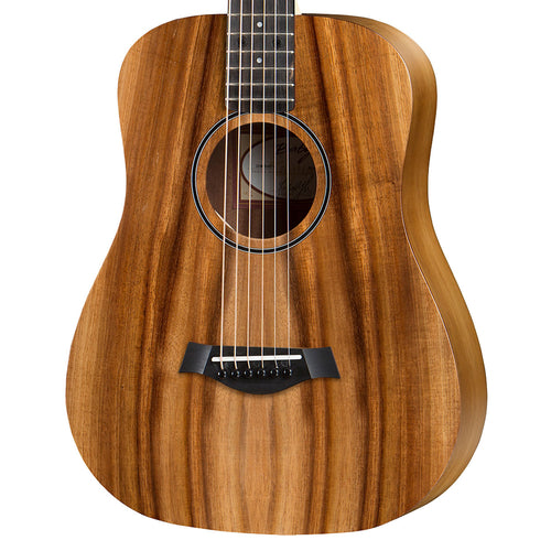 Close-up perspective view of Taylor BTe-Koa Baby Taylor Acoustic-Electric Guitar - Natural showing top and right side of body and portion of fingerboard