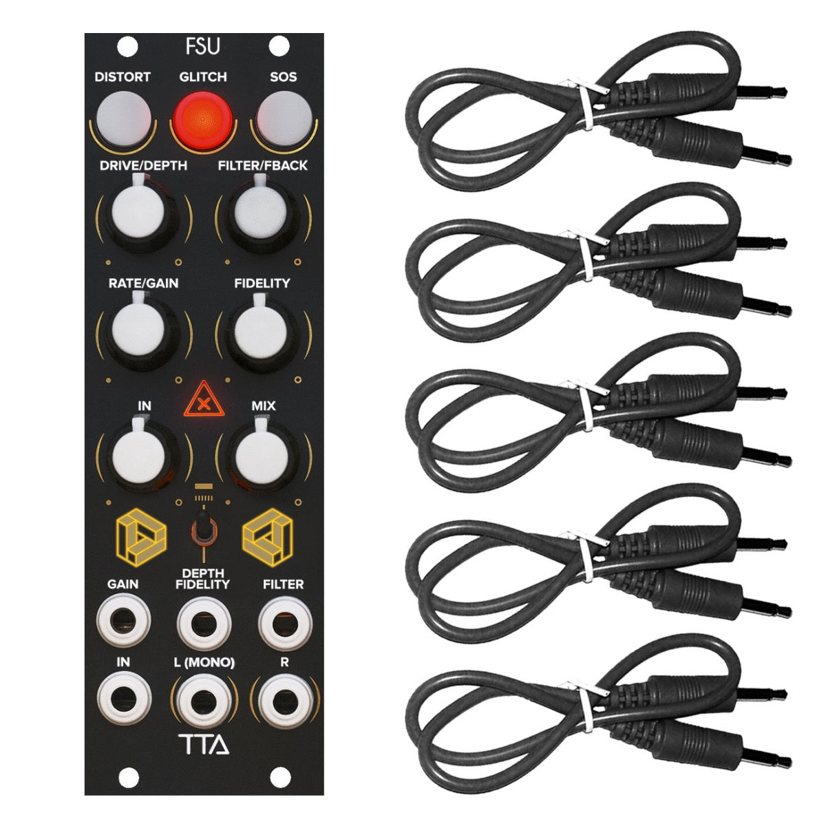 Collage showing components in Tiptop Audio FSU Timbral Distortion Effects Module - Black Panel BLACK CABLE KIT