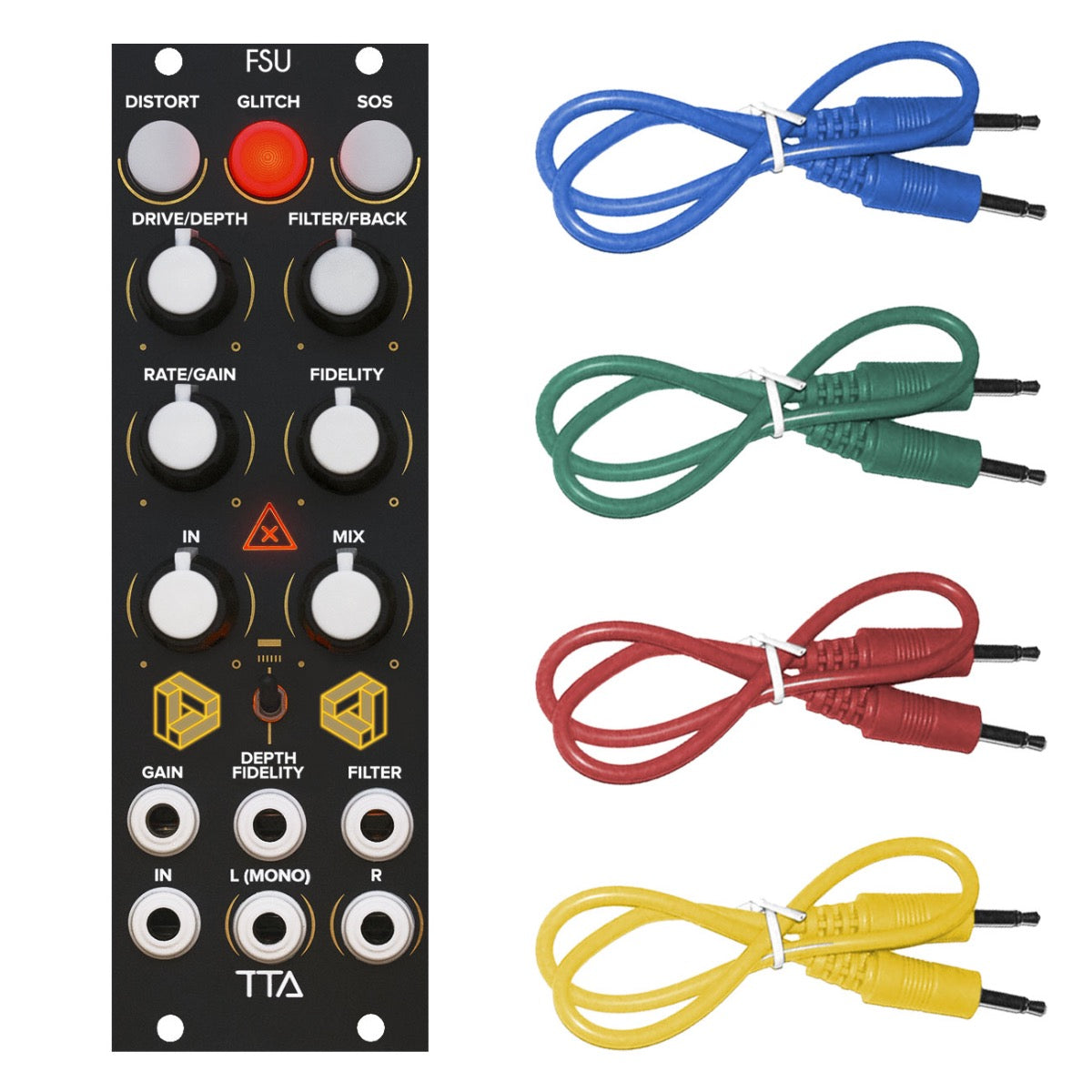 Collage showing components in Tiptop Audio FSU Timbral Distortion Effects Module - Black Panel COLOR CABLE KIT