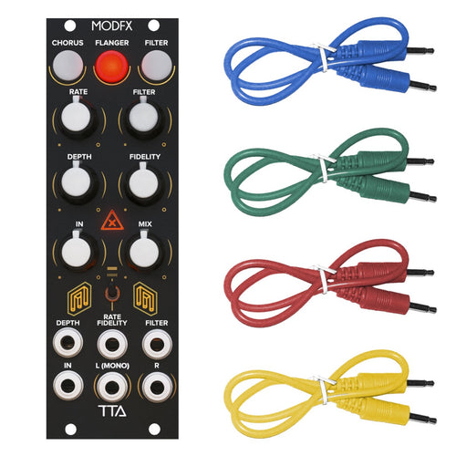 Collage showing components in Tiptop Audio ModFX Modulation Effects Module - Black Panel COLOR CABLE KIT