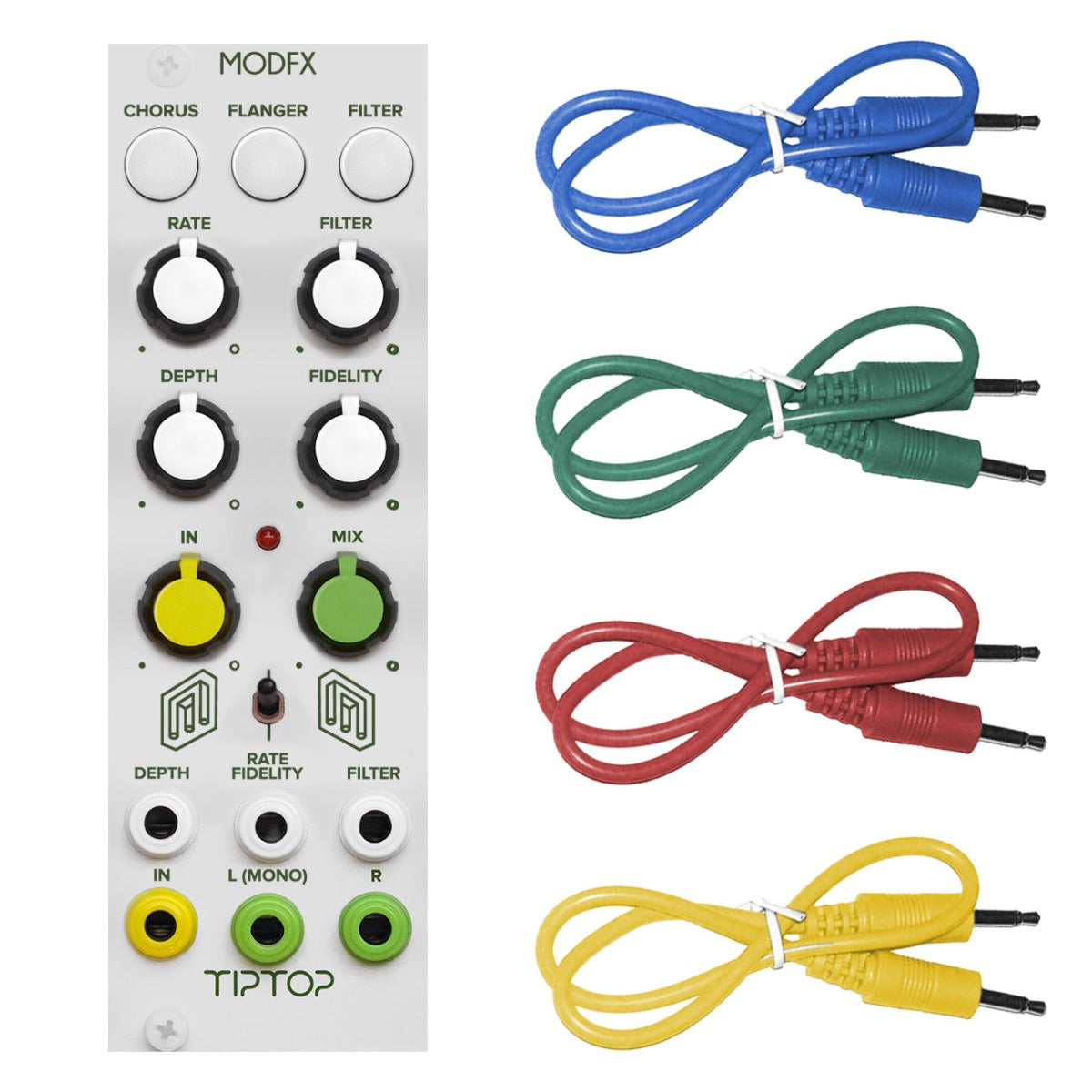Collage showing components in Tiptop Audio ModFX Modulation Effects Module - White Panel COLOR CABLE KIT