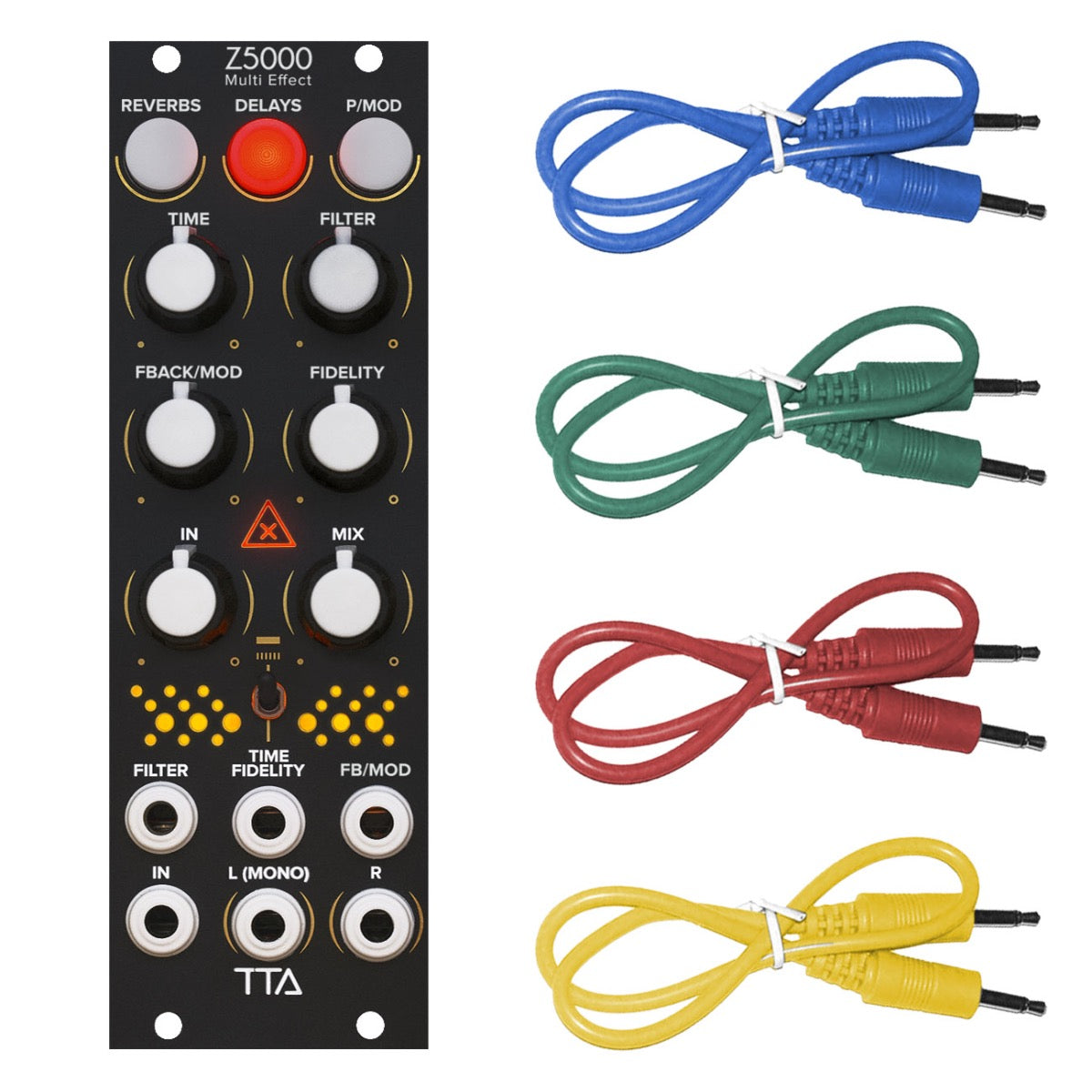 Bundle collage image showing Tiptop Audio Z5000 Multi Effects Module - Black Panel COLOR CABLE KIT bundle