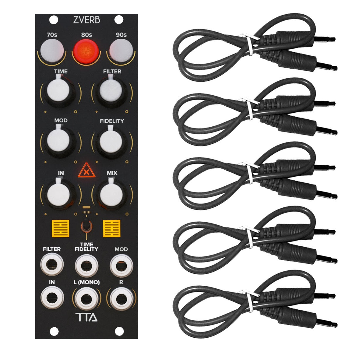 Bundle collage image showing Tiptop Audio ZVERB Reverb Effects Module - Black Panel BLACK CABLE KIT bundle