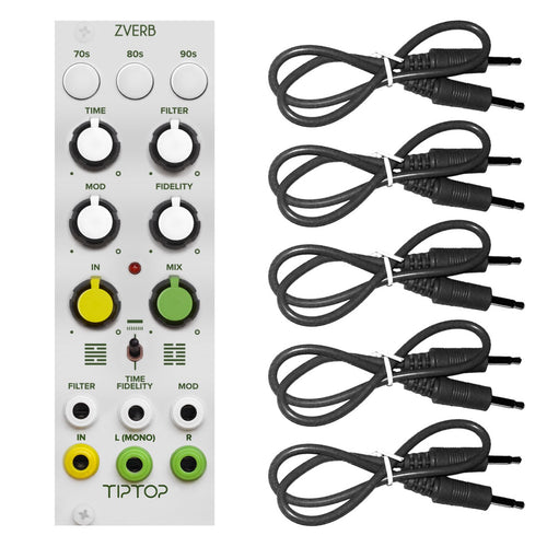 Bundle collage image showing Tiptop Audio ZVERB Reverb Effects Module - White Panel BLACK CABLE KIT bundle