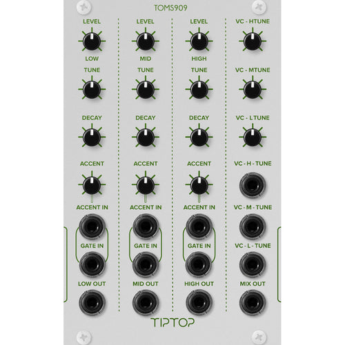 Front panel view of Tiptop Audio TOMS909 Voltage Controlled Analog Toms