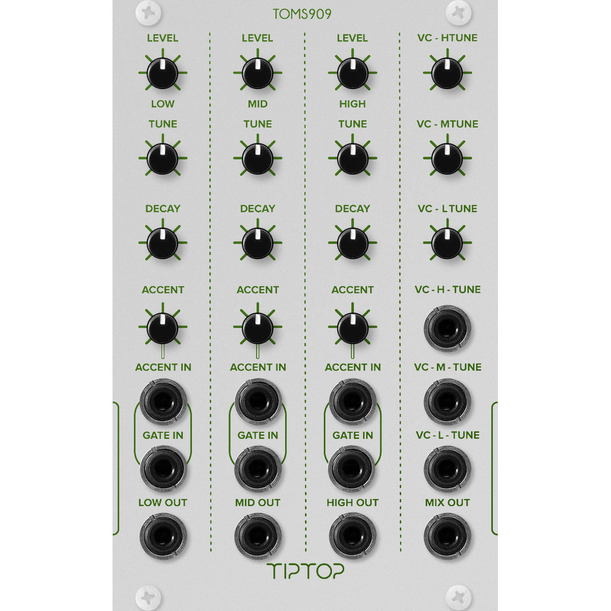 Front panel view of Tiptop Audio TOMS909 Voltage Controlled Analog Toms